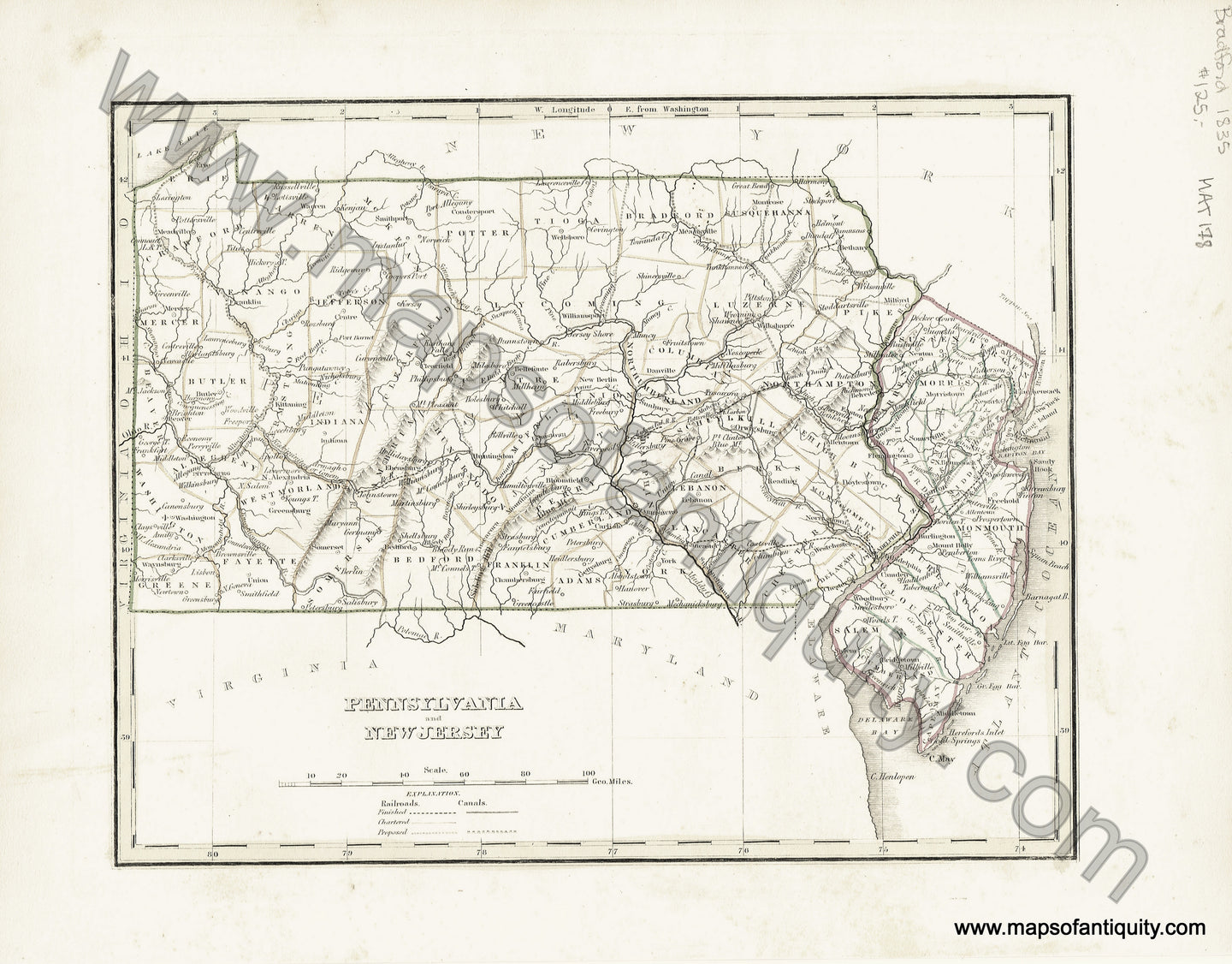 Antique-Hand-Colored-Map-Pennsylvania-and-New-Jersey-United-States--1835-T.G.-Bradford-Maps-Of-Antiquity
