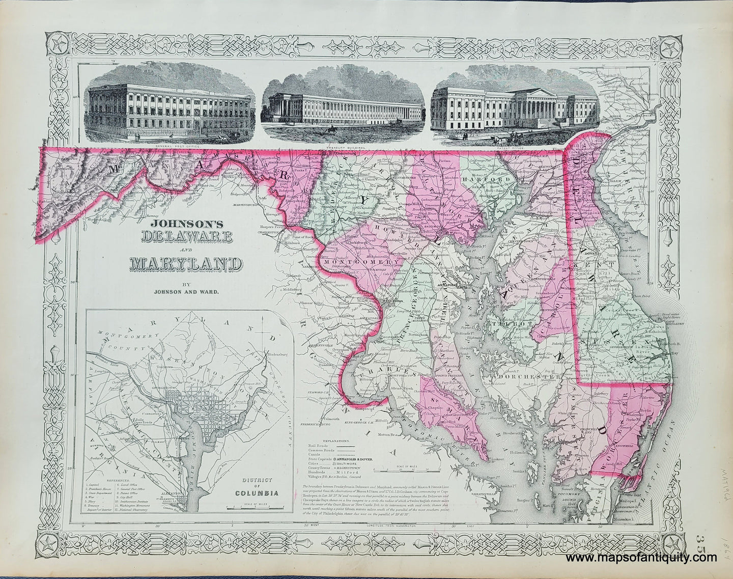 Maps-Antiquity-Antique-Map-Midatlantic-United-States-Johnson's-Delaware-and-Maryland-Johnson-Ward-1864-1860s-1800s-19th-Century