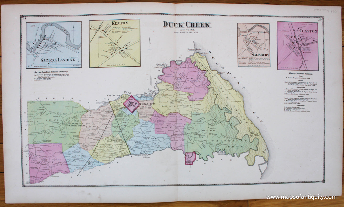 Duck-Creek-Kent-Co.-Del.-Smyrna-Landing.-Kenton.-Salisbury.-Clayton.-Antique-Map-1868-Beers-1860s-1800s-19th-century-Maps-of-Antiquity