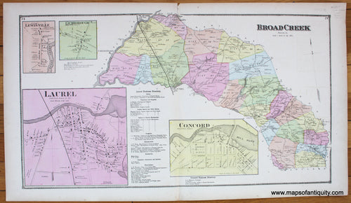 Broad-Creek-Laurel-Little-Creek-Lewisville-Gumborough-Broad-Creek-Concord-Antique-Map-1868-Beers-1860s-1800s-19th-century-Maps-of-Antiquity