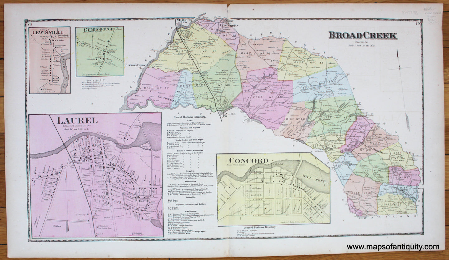 Broad-Creek-Laurel-Little-Creek-Lewisville-Gumborough-Broad-Creek-Concord-Antique-Map-1868-Beers-1860s-1800s-19th-century-Maps-of-Antiquity