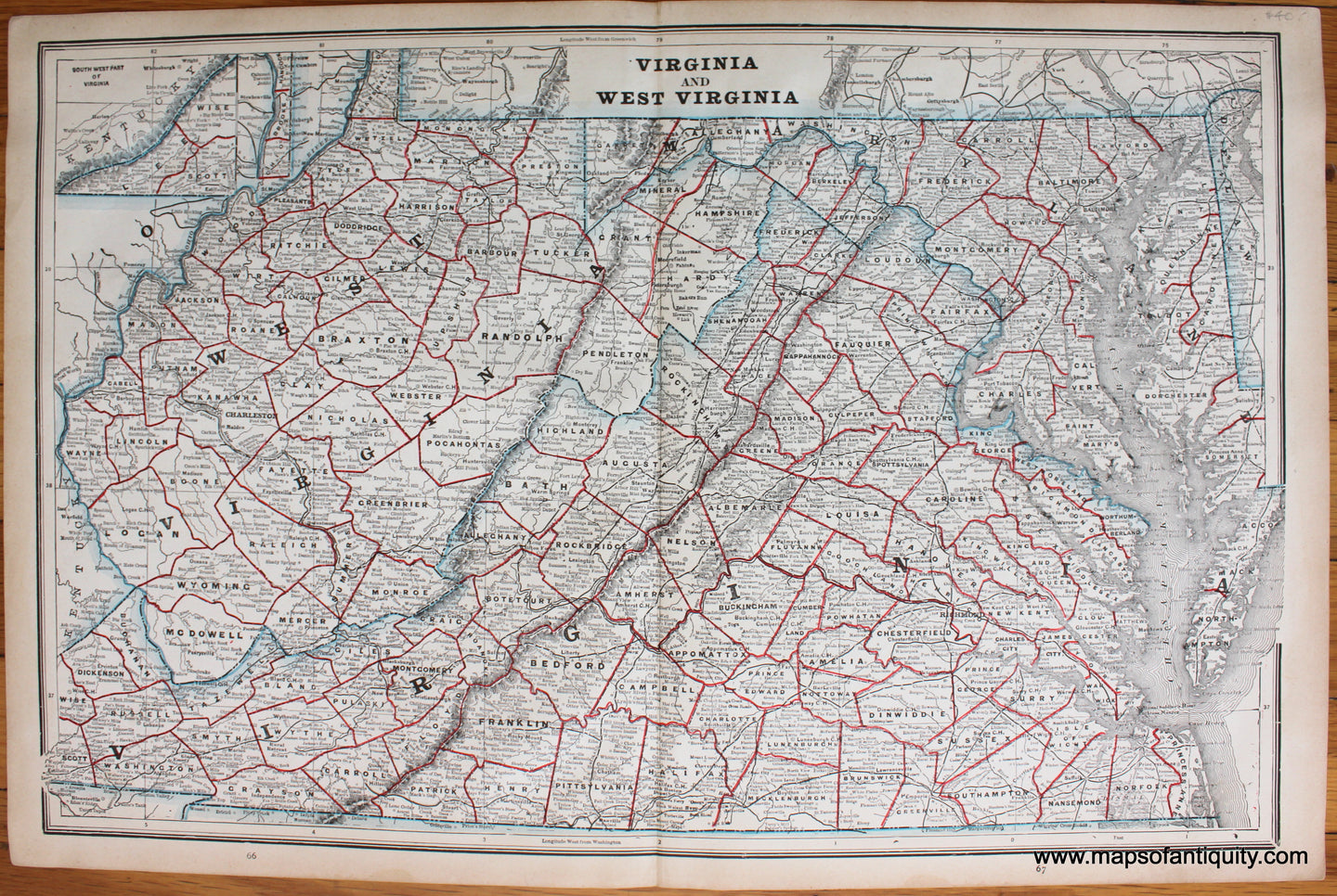 Antique-Printed-Color-Map-Virginia-and-West-Virginia;-verso:-Illinois-and-Iowa-1888-PeopleÃƒÂ¢Ã¢â€šÂ¬Ã¢â€žÂ¢s-Publishing-Company-Virginia-1800s-19th-century-Maps-of-Antiquity