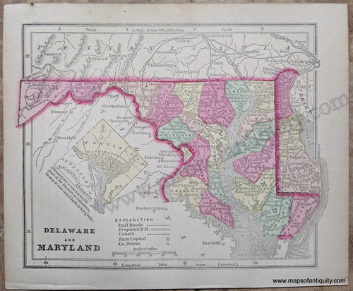 Antique-Hand-Colored-Map-Delaware-and-Maryland-United-States-Mid-Atlantic-1857-Morse-and-Gaston-Maps-Of-Antiquity-1800s-19th-century