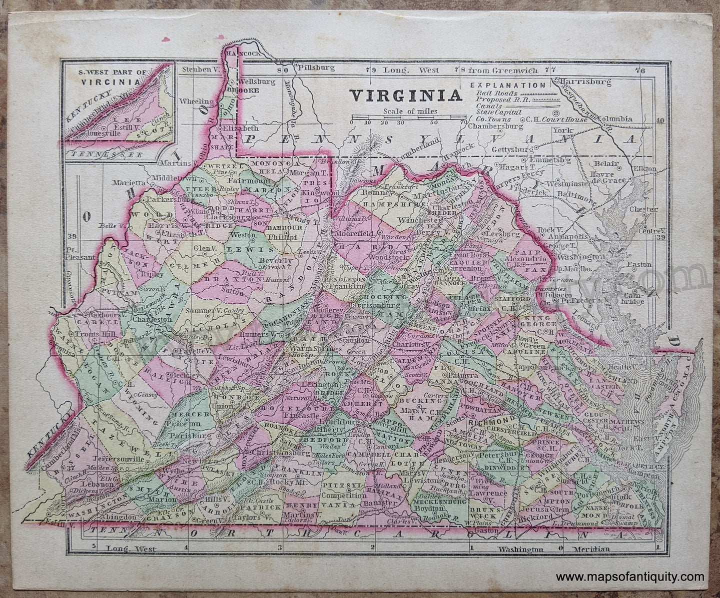Antique-Hand-Colored-Map-Virginia-United-States-Mid-Atlantic-1857-Morse-and-Gaston-Maps-Of-Antiquity-1800s-19th-century