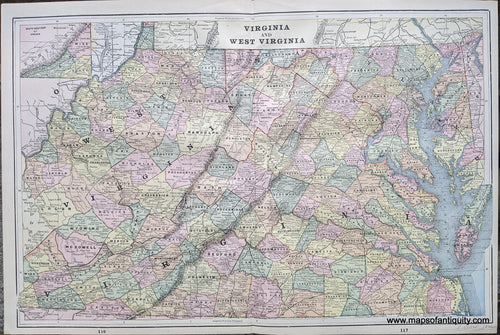 Genuine-Antique-Printed-Color-Comparative-Chart-Virginia-and-West-Virginia;-versos:-Maryland-and-Delaware--Ohio-United-States-Mid-Atlantic-1892-Home-Library-&-Supply-Association-Maps-Of-Antiquity-1800s-19th-century