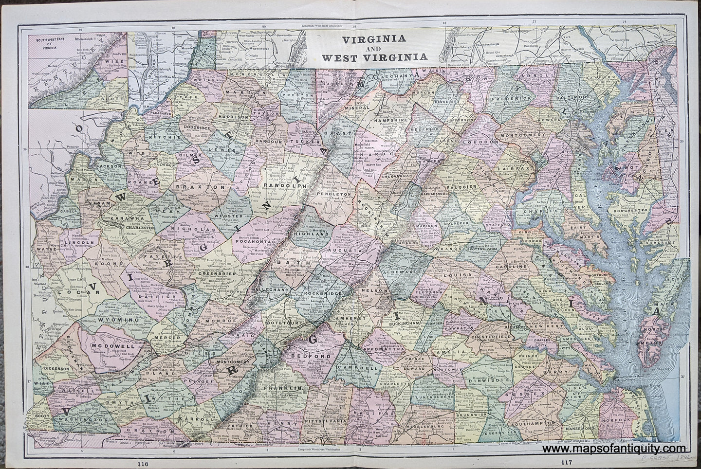 Genuine-Antique-Printed-Color-Comparative-Chart-Virginia-and-West-Virginia;-versos:-Maryland-and-Delaware--Ohio-United-States-Mid-Atlantic-1892-Home-Library-&-Supply-Association-Maps-Of-Antiquity-1800s-19th-century