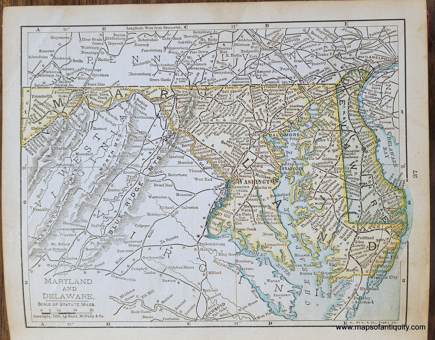 Genuine-Antique-Map-Maryland-and-Delaware-1900-Rand-McNally-Maps-Of-Antiquity