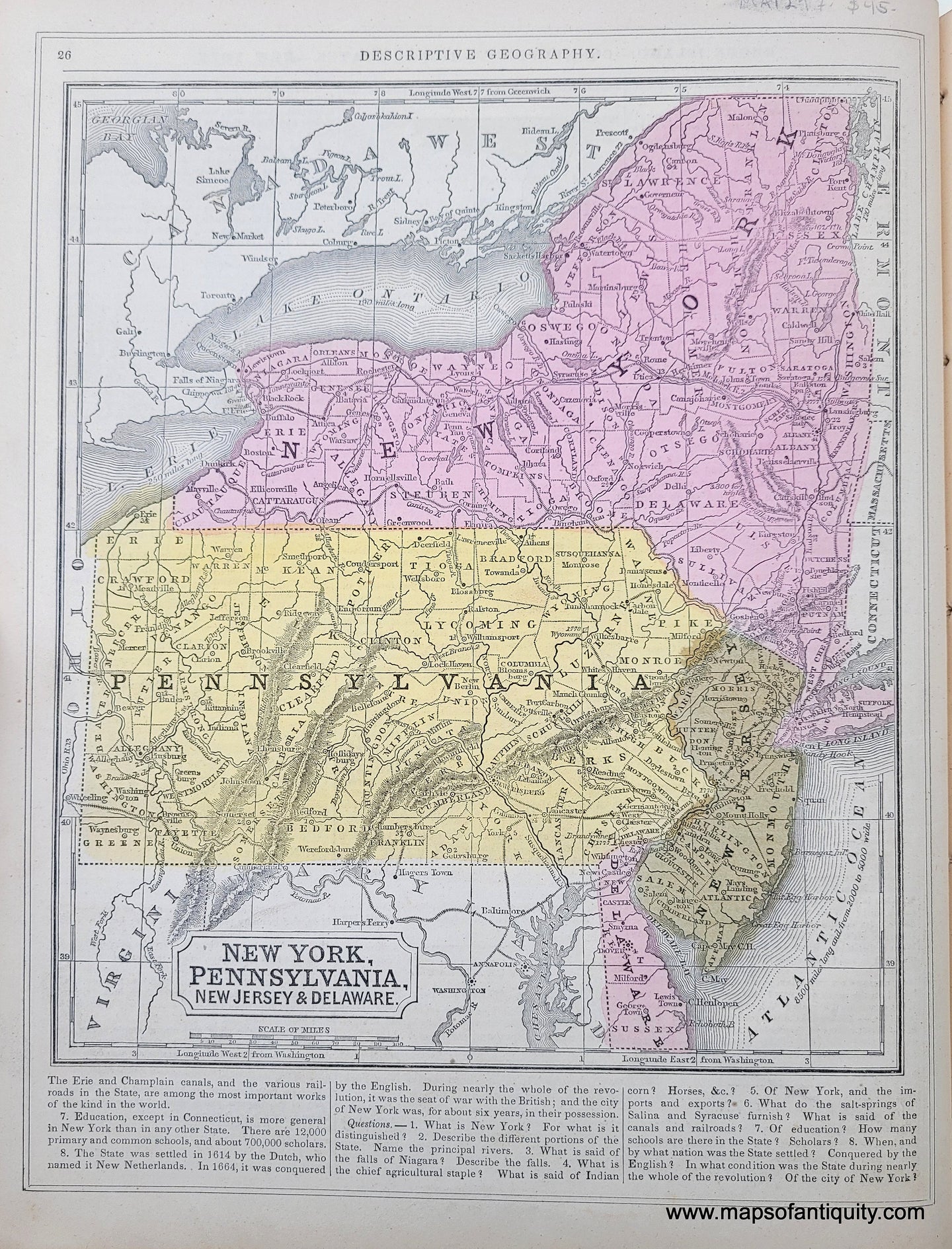 Genuine-Antique-Hand-Colored-Map-New-York-Pennsylvania-New-Jersey-Delaware-1850-Mitchell-Thomas-Cowperthwait-Co--Maps-Of-Antiquity