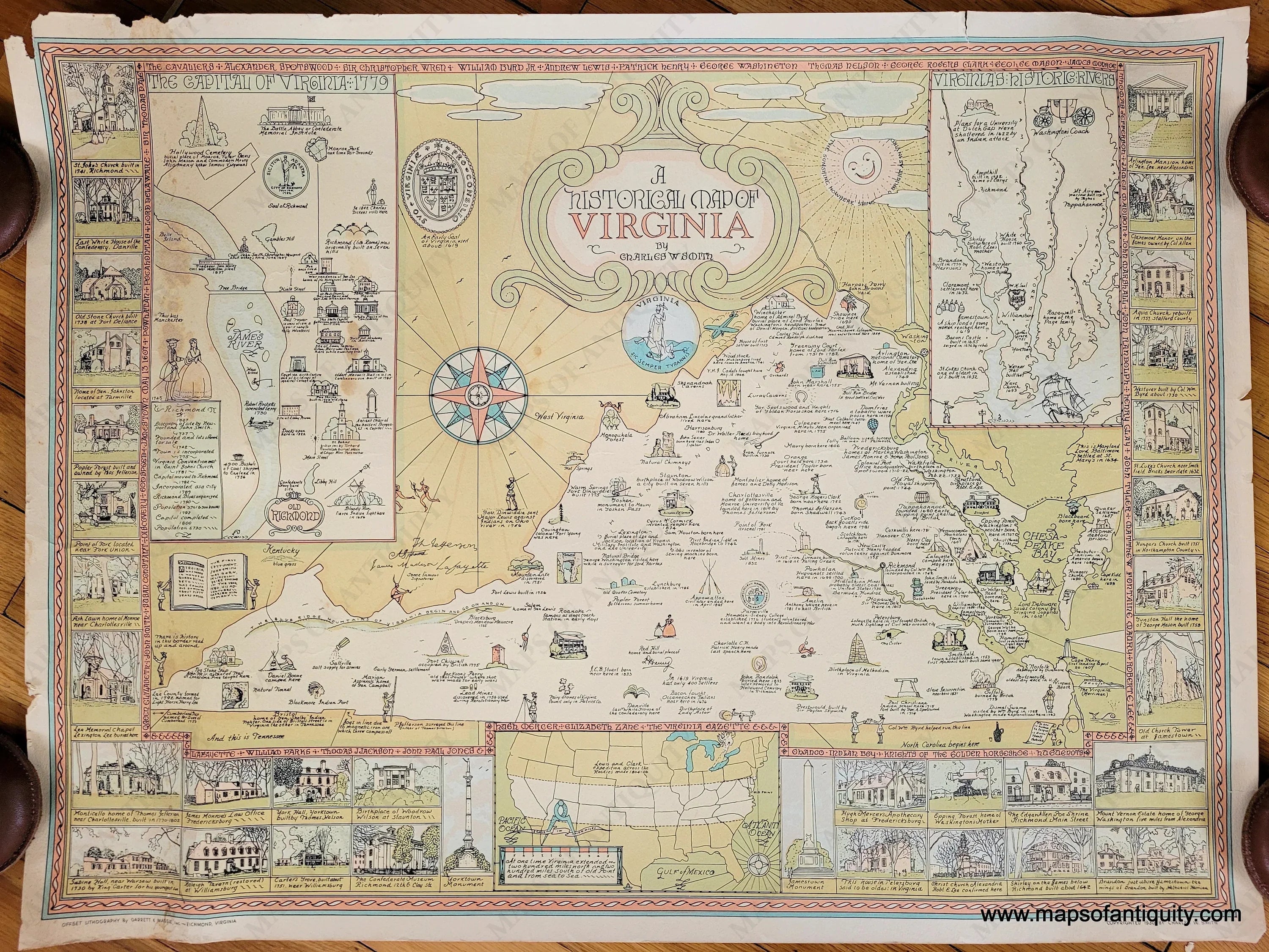 1930 - A Historical Map of Virginia - Antique Map – Maps of Antiquity