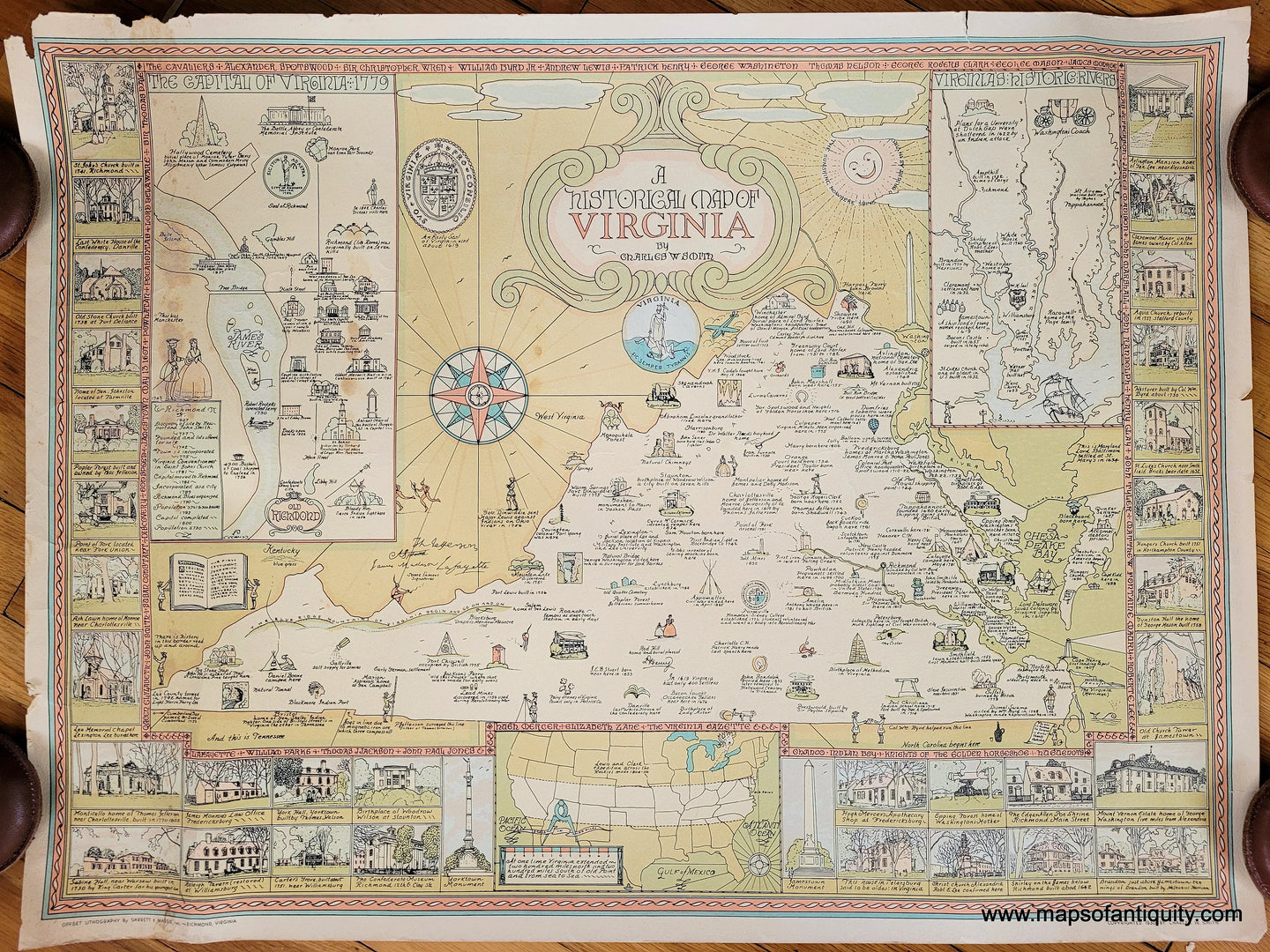 Genuine-Antique-Pictorial-Map-A-Historical-Map-of-Virginia-1930-Charles-W-Smith-Maps-Of-Antiquity