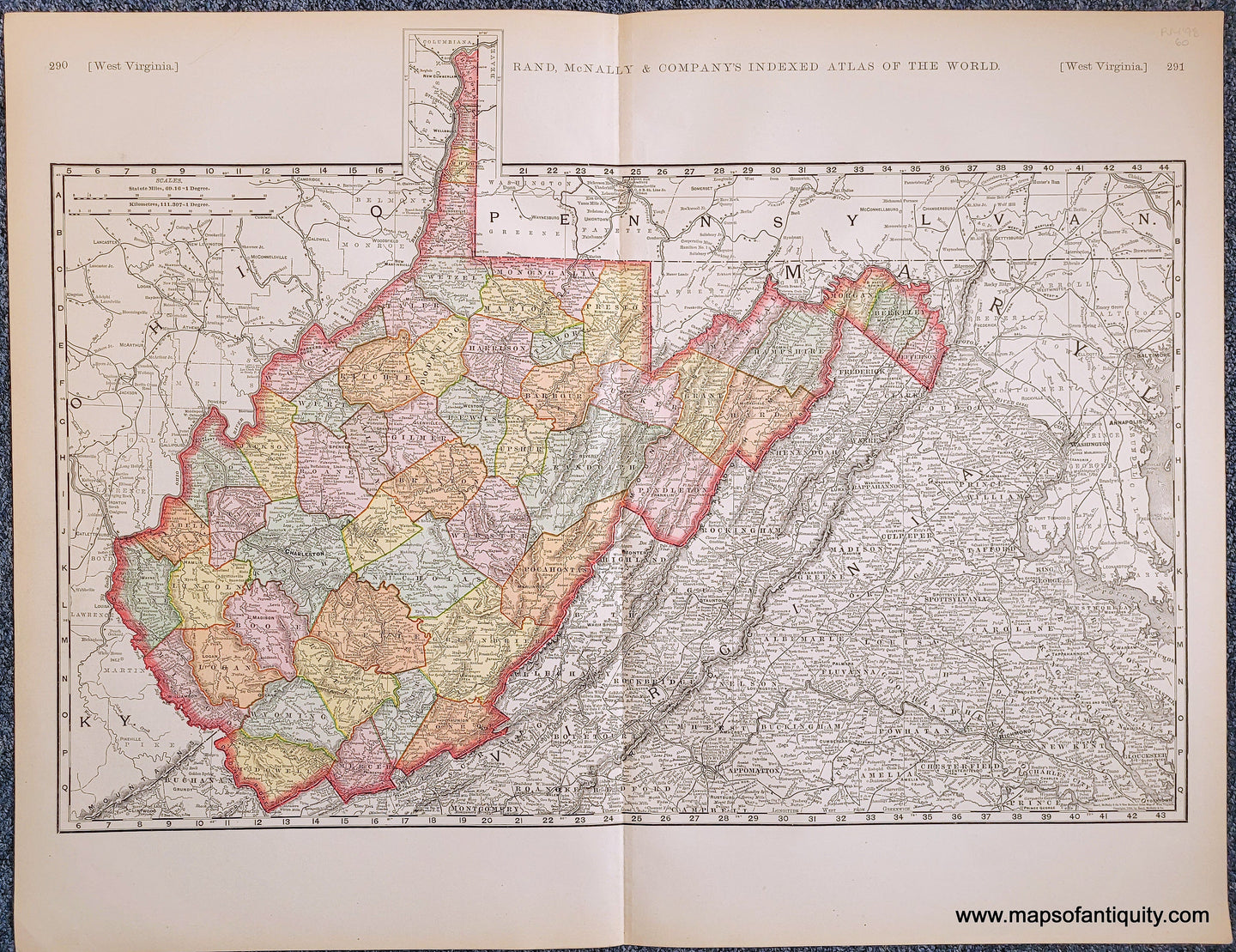 Genuine-Antique-Map-West-Virginia-West-Virginia--1898-Rand-McNally-Maps-Of-Antiquity-1800s-19th-century