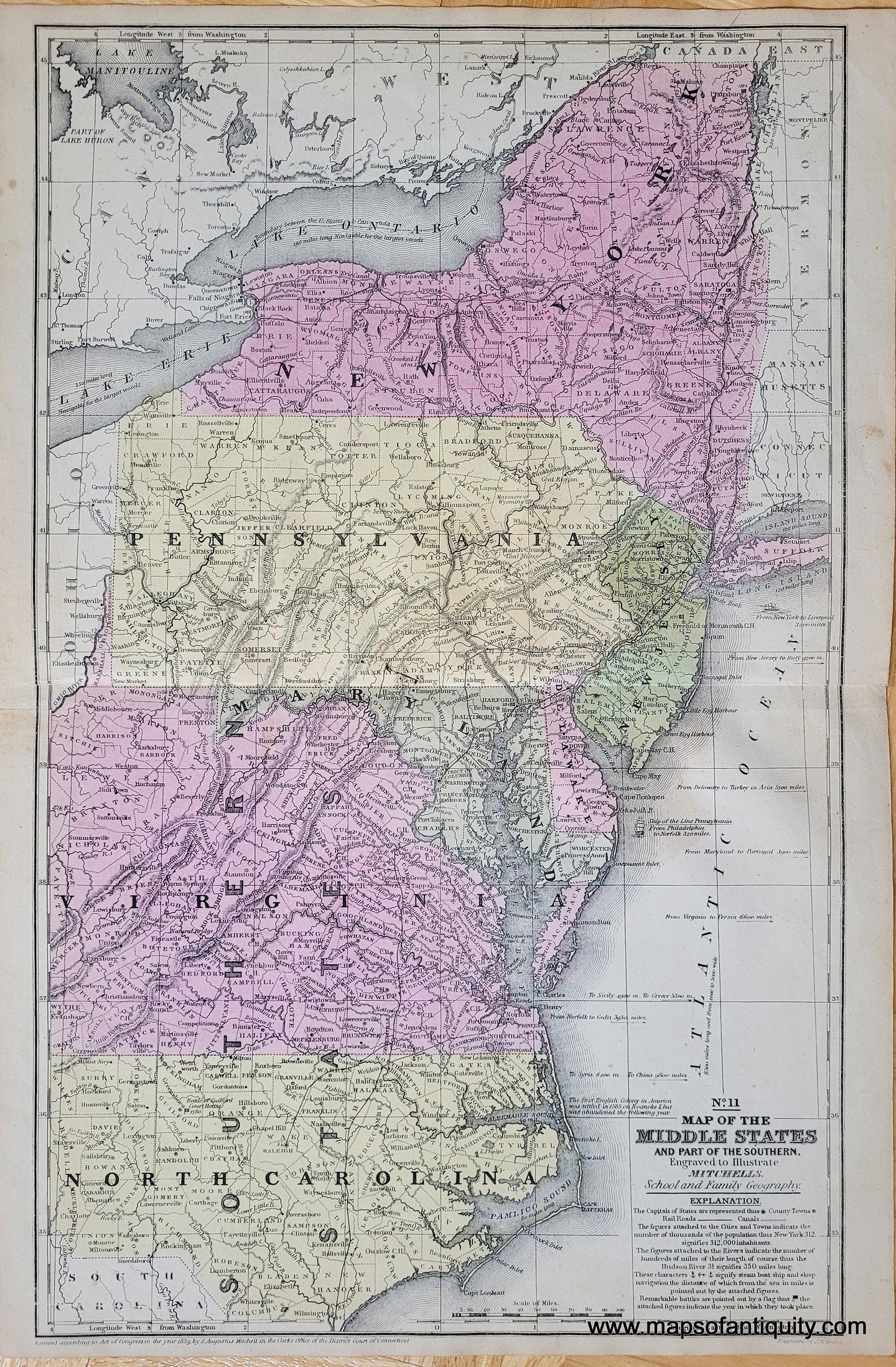 Genuine-Antique-Map-No-11-Map-of-the-Middle-States-and-Part-of-the-Southern-Engraved-to-Illustrate-Mitchells-School-and-Family-Geography-Mid-Atlantic-General-New-York-State-Pennsylvania-New-Jersey-Maryland-Delaware-Virginia-North-Carolina-1851-Mitchell-Maps-Of-Antiquity-1800s-19th-century