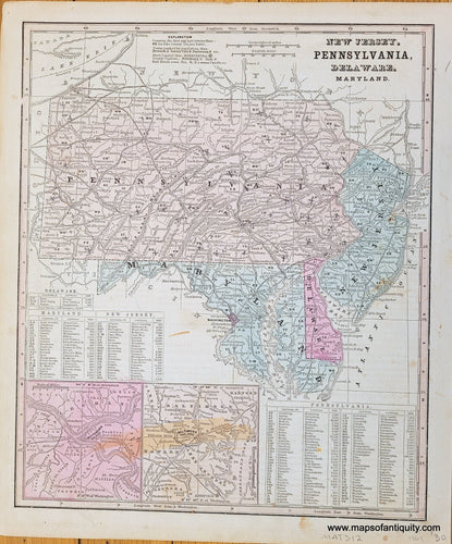 Genuine-Antique-Map-New-Jersey-Pennsylvania-Delaware-Maryland-1861-Smith-Maps-Of-Antiquity