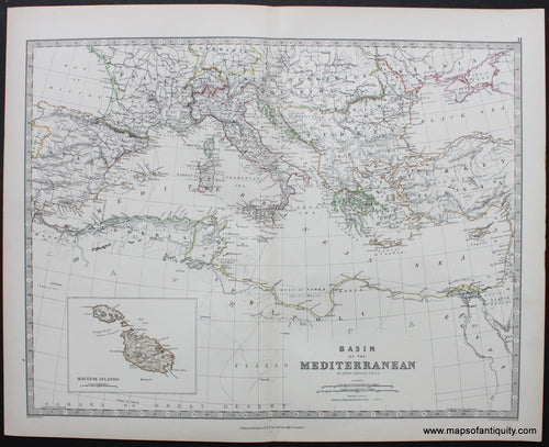 Antique-Map-Keith-Johnston-1880-1880s-1800s-Late-19th-Century-Basin-of-the-Mediterranean-Europe-Maltese-Islands-Maps-of-Antiquity