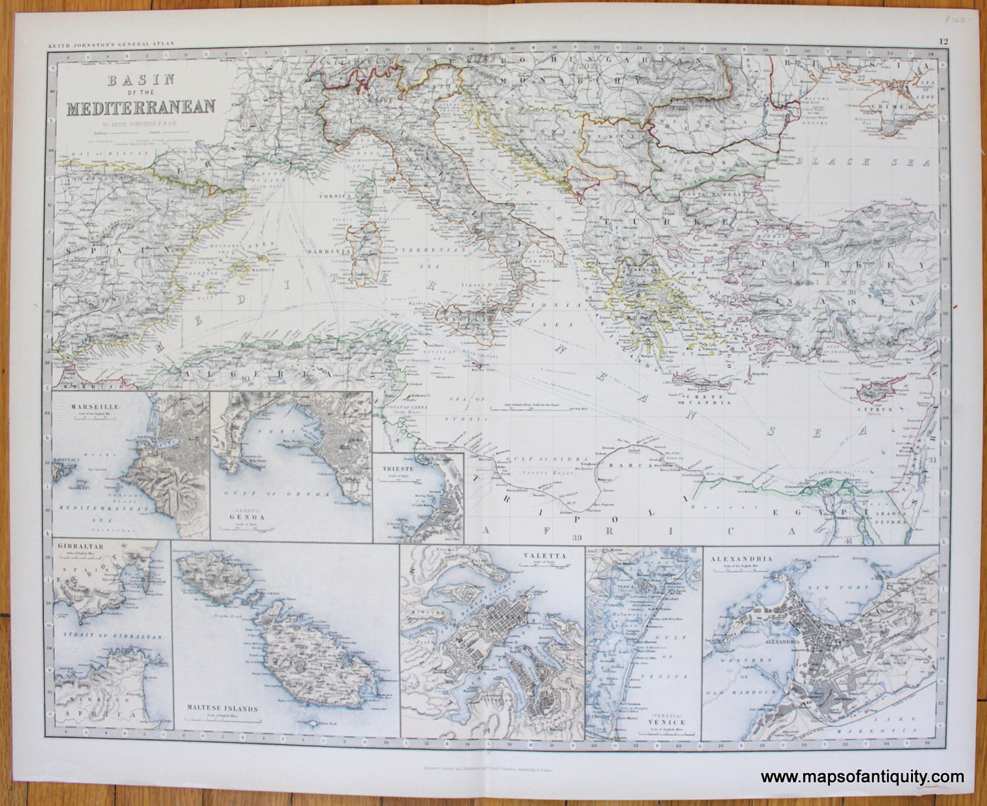 Antique-Printed-Color-Map-Basin-of-the-Mediterranean-Turkey-&-The-Mediterranean-Europe-General--1885-Johnston-Maps-Of-Antiquity