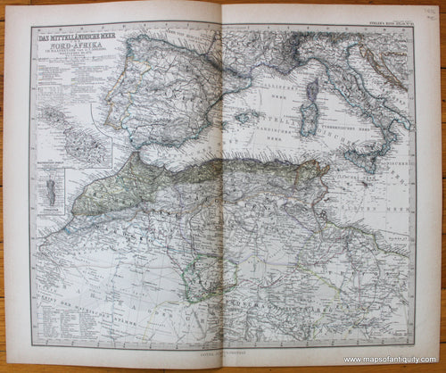 Antique-Map-Mediterranean-North-africa-Mittellandische-Meer-Nord-Afrika-Stieler-1876-1870s-1800s-19th-century-Maps-of-Antiquity