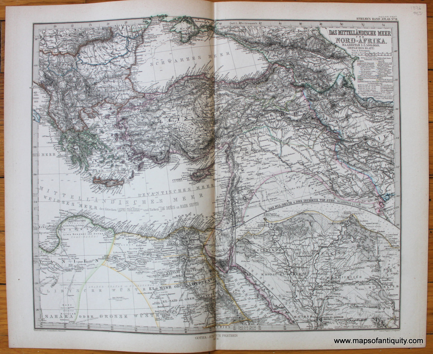 Antique-Map-Mediterranean-North-africa-Mittellandische-Meer-Nord-Afrika-Nile-Stieler-1876-1870s-1800s-19th-century-Maps-of-Antiquity