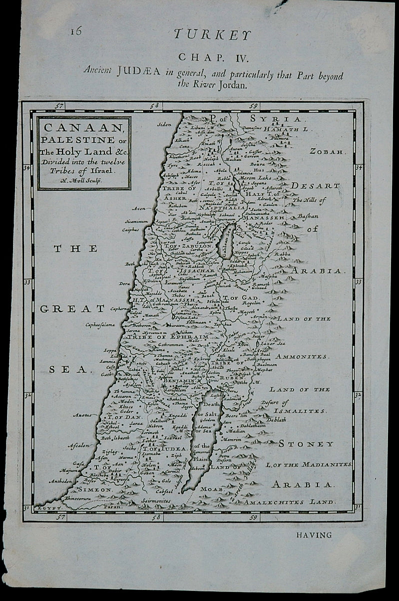 Black-and-White-Antique-Map-Ancient-Judea-in-general-and-particularly-that-Part-beyond-the-River-Jordan.-Canaan-Palestine-or-The-Holy-Land-&c.-Divided-into-the-twelve-Tribes-of-Israel.**********--Middle-East-and-Holy-Land-1720-Moll-Maps-Of-Antiquity