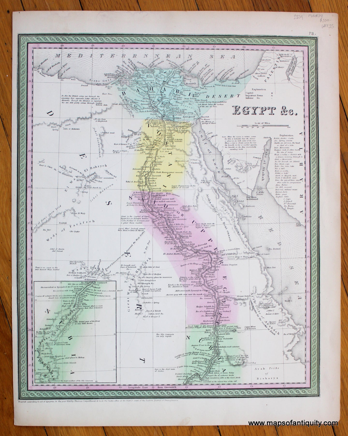Antique-Hand-Colored-Map-Egypt-&c.-Middle-East-and-Holy-Land--1854-Mitchell/Cowperthwait-Desilver-&-Butler-Maps-Of-Antiquity