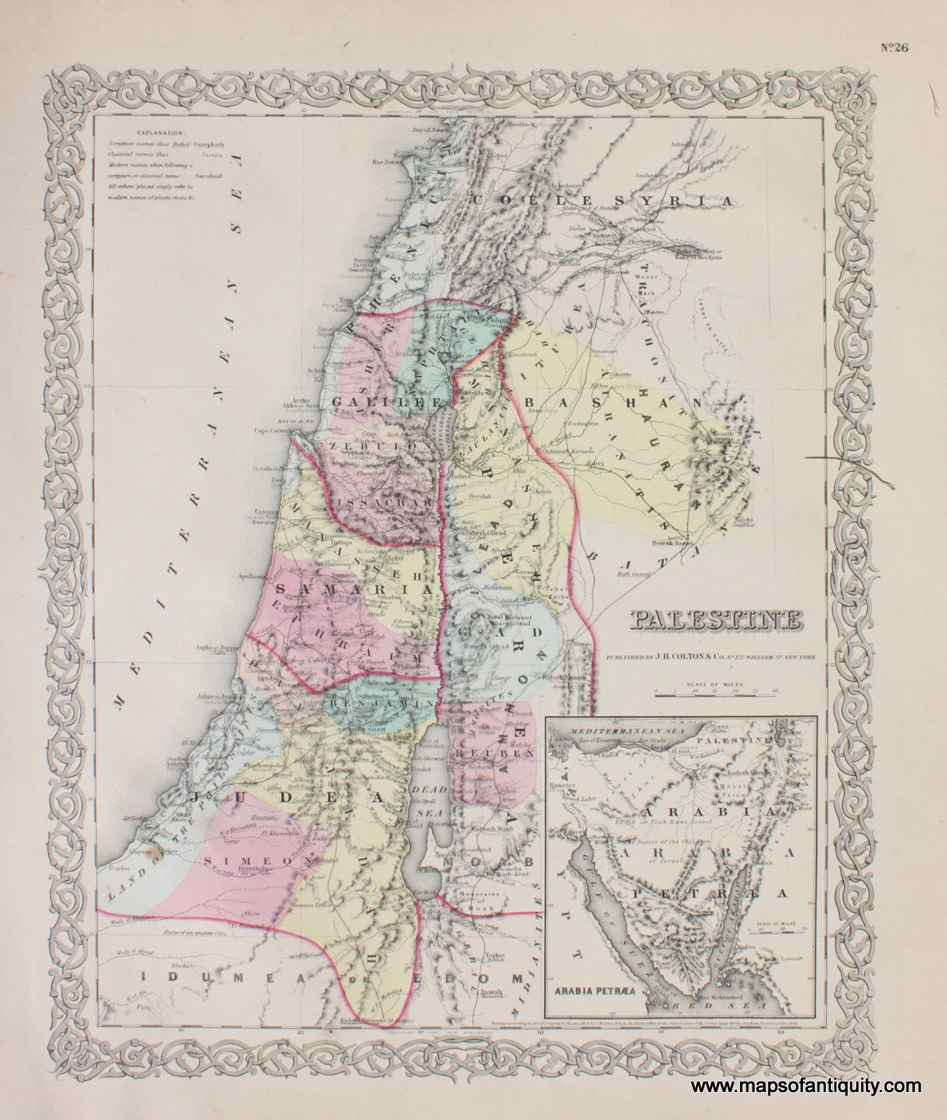 Antique-Hand-Colored-Map-Colton's-Palestine--Middle-East-and-Holy-Land-Palestine-1855-Colton-Maps-Of-Antiquity
