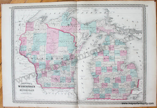 Maps-Antiquity-Antique-Map-United-States-Johnson-1870-1870s-1800s-19th-Century-Johnson's-Wisconsin-Michigan
