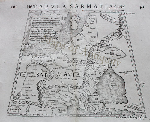 Antique-Black-and-White-Engraved-Map-Tabula-Sarmatiae---346-347-Middle-East-and-Holy-Land--1542-Munster-Maps-Of-Antiquity