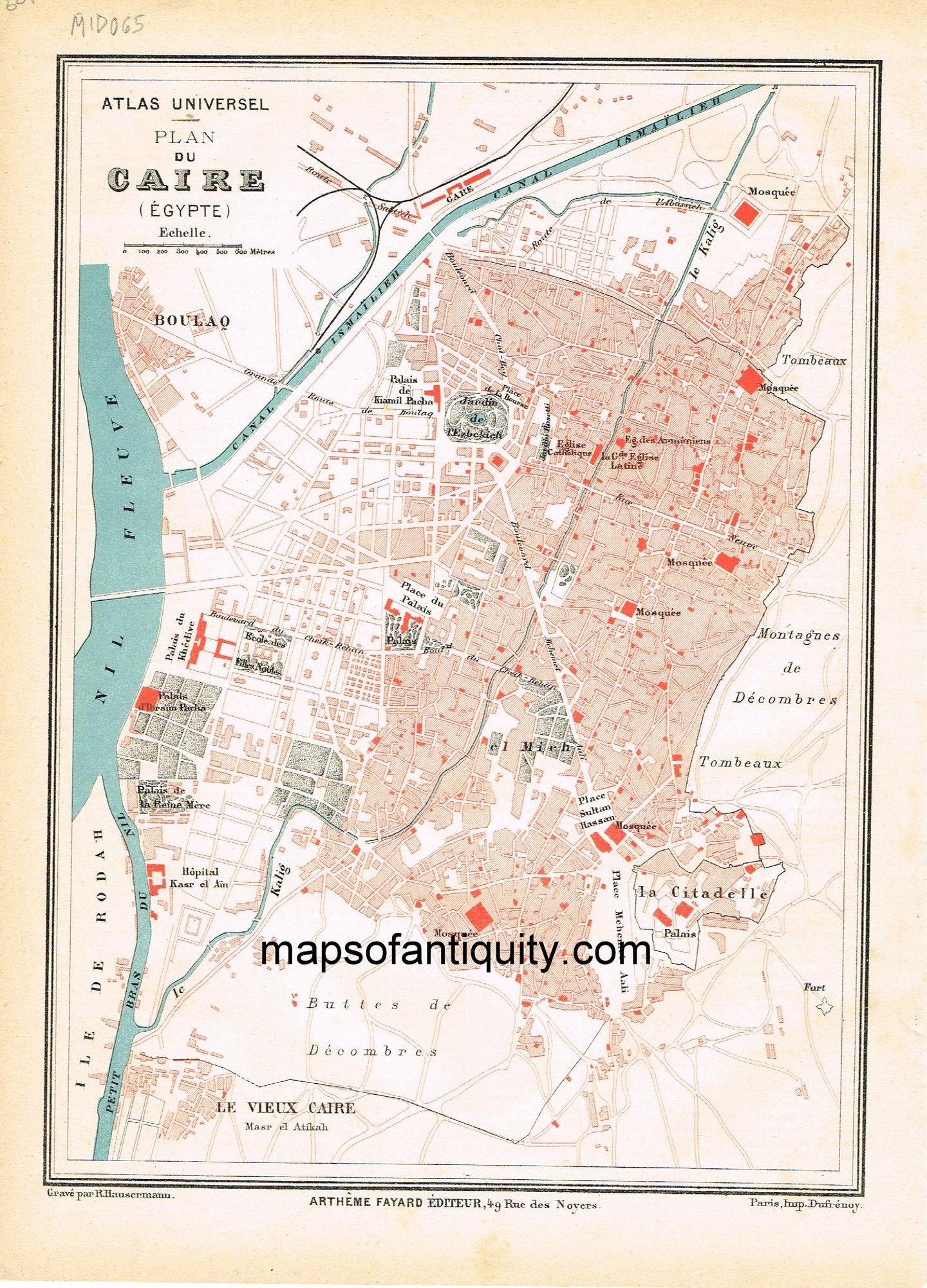 Antique-Map-City-Plan-du-Caire-Cairo-Egypt-Fayard-1877-1870s-1800s