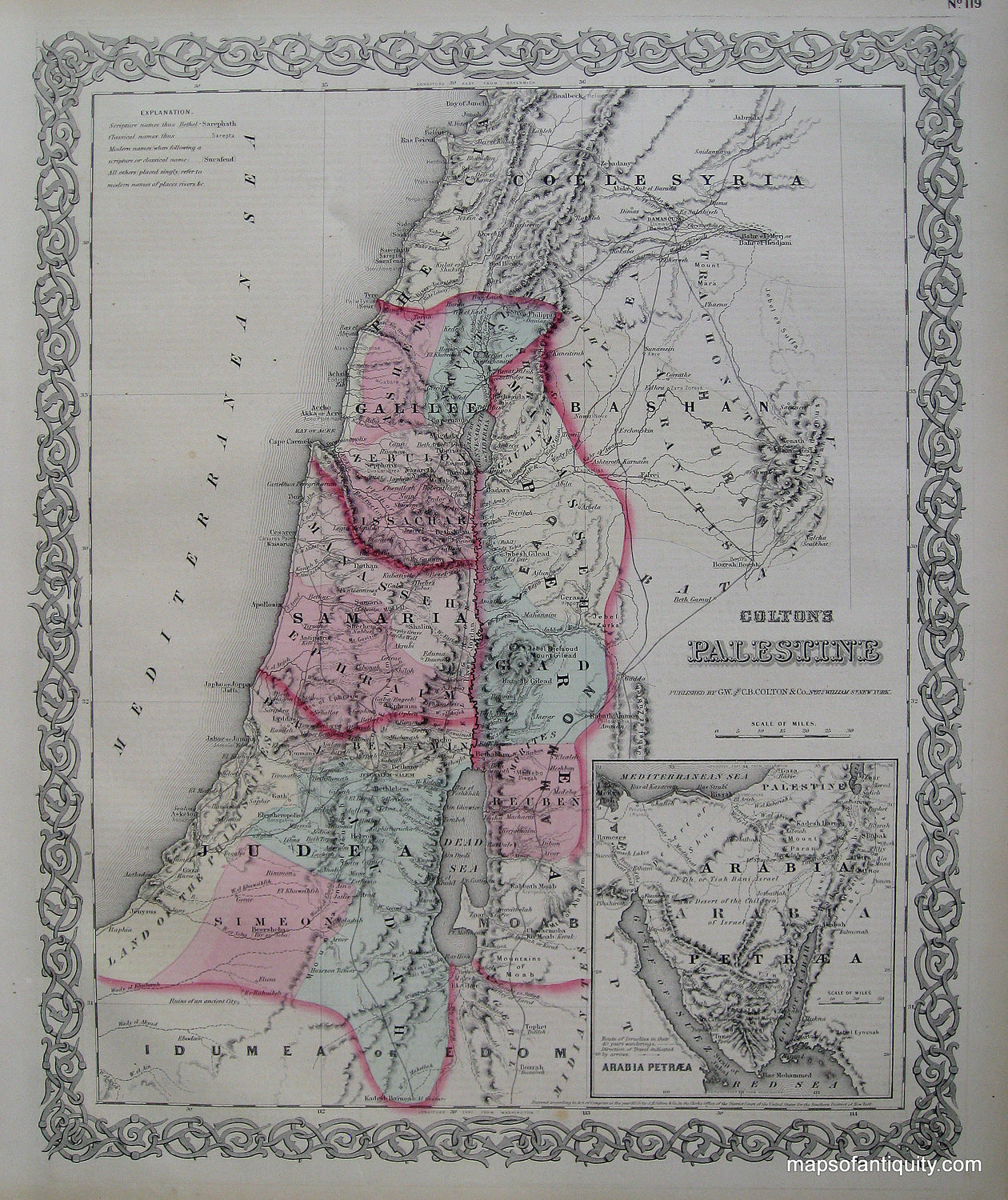 Antique-Hand-Colored-Map-Colton's-Palestine-**********-Middle-East-and-Holy-Land-Palestine-1871-Colton-Maps-Of-Antiquity