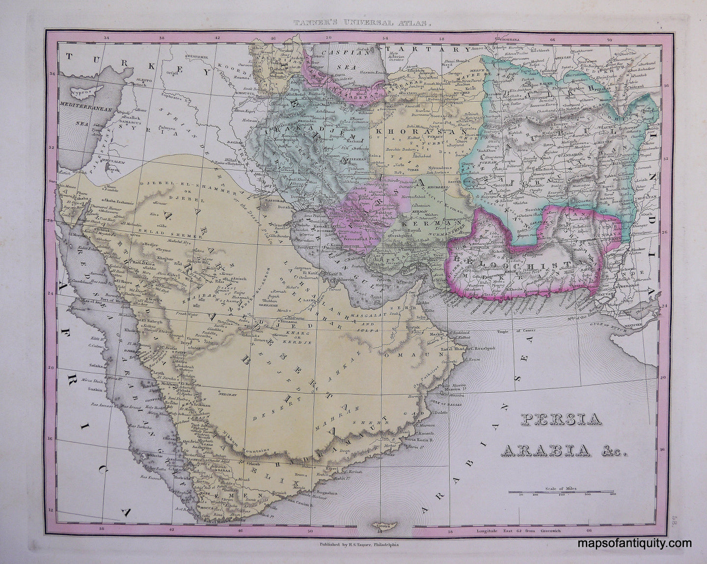 Antique-Hand-Colored-Engraved-Map-Persia-and-Arabia-Middle-East-and-Holy-Land--c.-1840-Tanner-Maps-Of-Antiquity