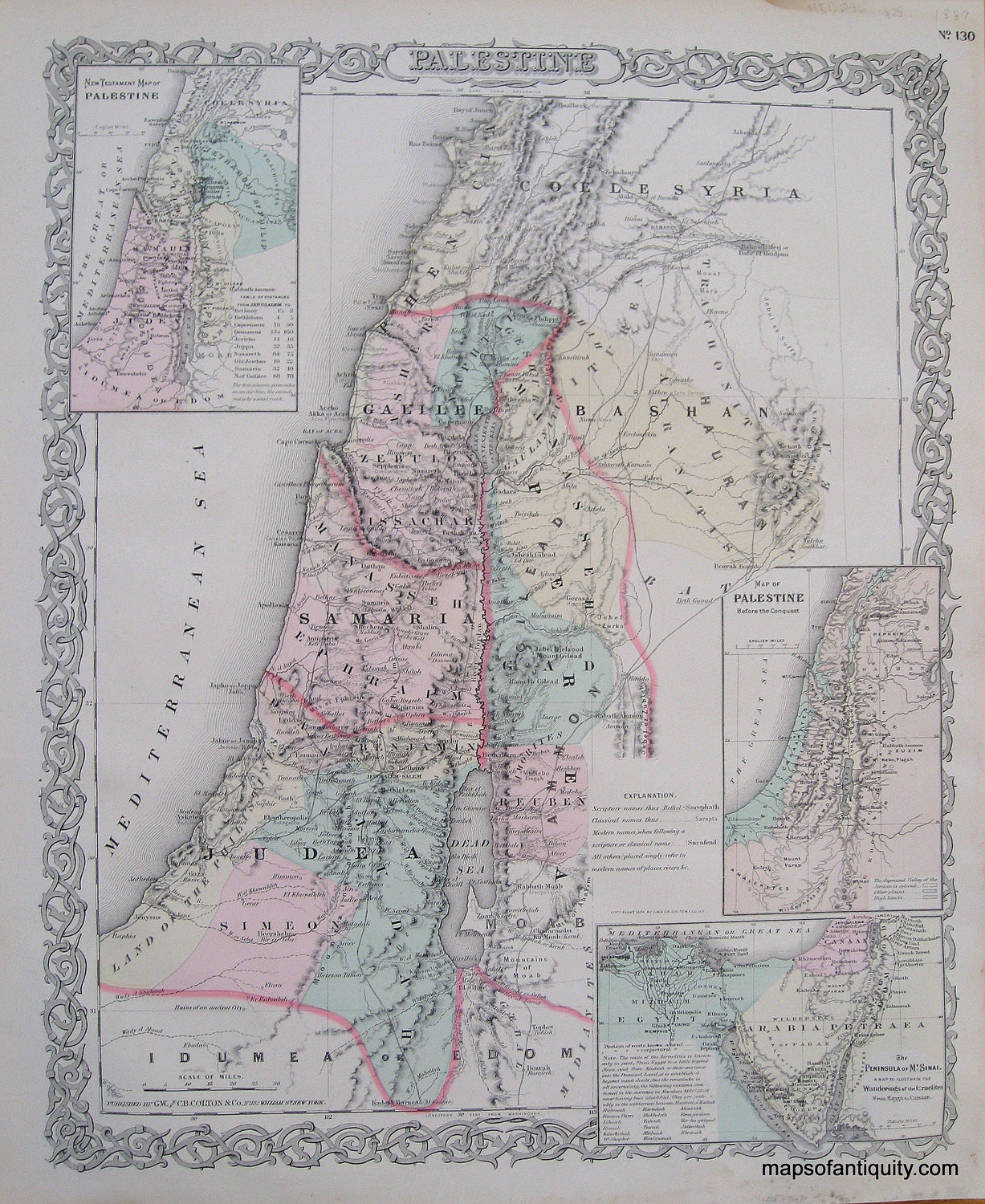 Antique-Hand-Colored-Map-Colton's-Palestine-**********-Middle-East-and-Holy-Land-Palestine-1887-Colton-Maps-Of-Antiquity