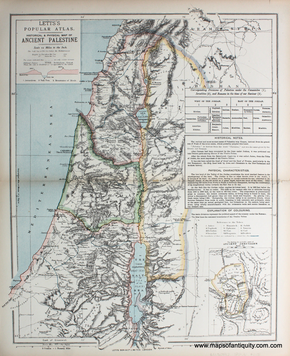 printed-color-Antique-Map-Historical-and-Physical-Map-of-Ancient-Palestine-******-Middle-East-and-Holy-Land-Middle-East-1883-Letts-Maps-Of-Antiquity