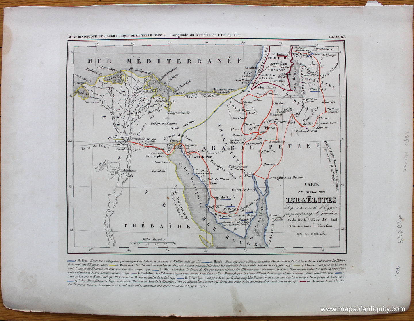 Antique-Hand-Colored-Map-Carte-du-Voyage-des-Israelites-Depuis-leur-Sortie-d'Egype-jusqu'au-Passage-du-Jourdain-An-du-Monde-2553-AV-J.C.-1451-Middle-East--1850-Houze-Maps-Of-Antiquity