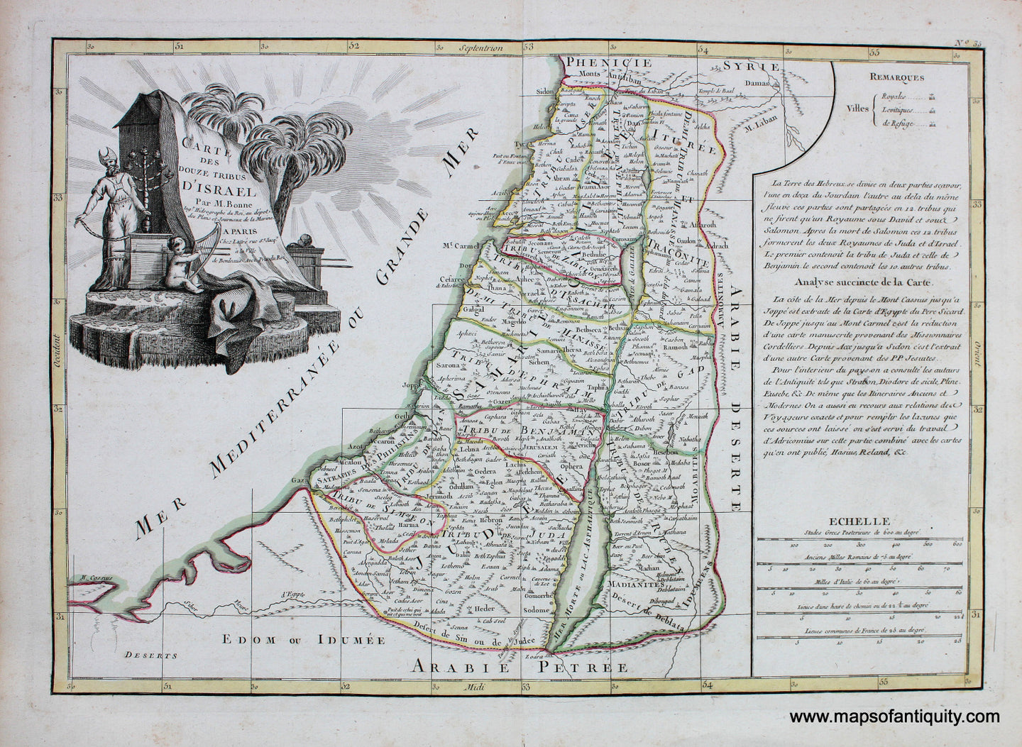 Antique-Hand-Colored-Map-Carte-Des-Douze-Tribus-D'Israel-**********-Middle-East-Israel-1783-Bonne-Maps-Of-Antiquity