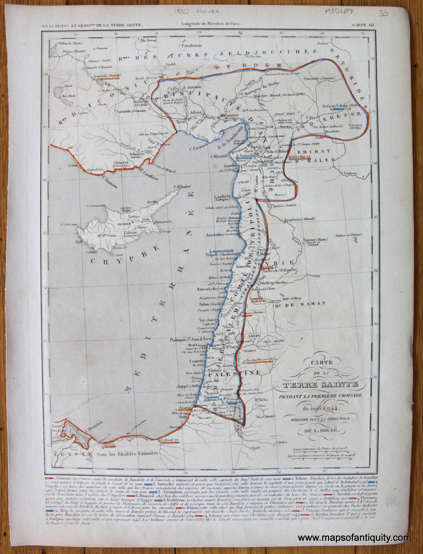 Antique-Hand-Colored-Map-Carte-de-la-Terre-Sainte-Pendant-la-Premier-Croisade-de-1096-a-1144-Middle-East--1850-Houze-Maps-Of-Antiquity