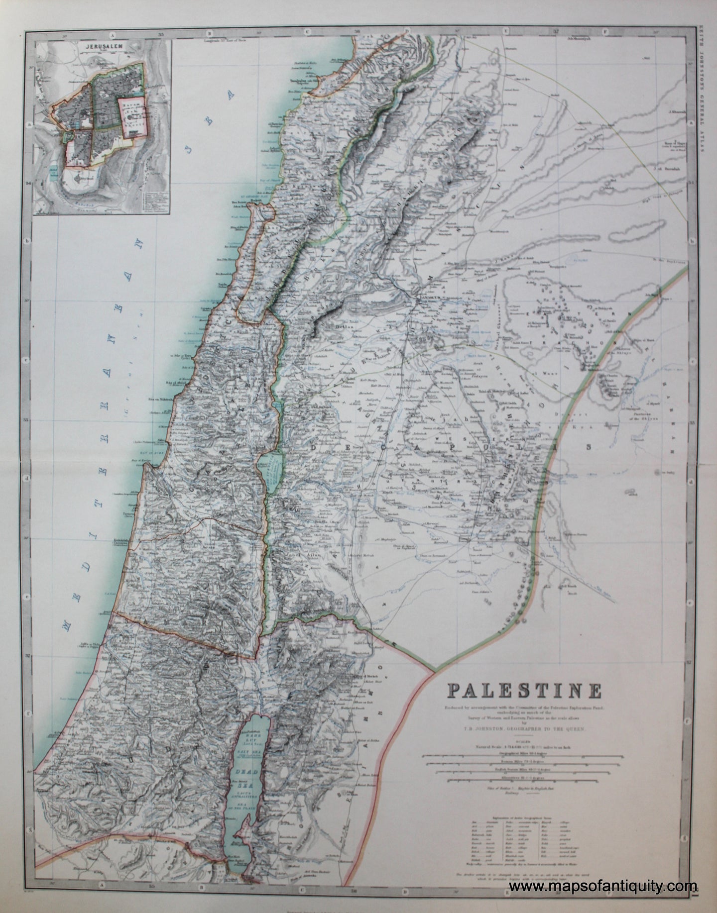 Antique-Printed-Color-Map-Palestine-**********-Middle-East-&-Holy-Land--1904-Johnston-Maps-Of-Antiquity