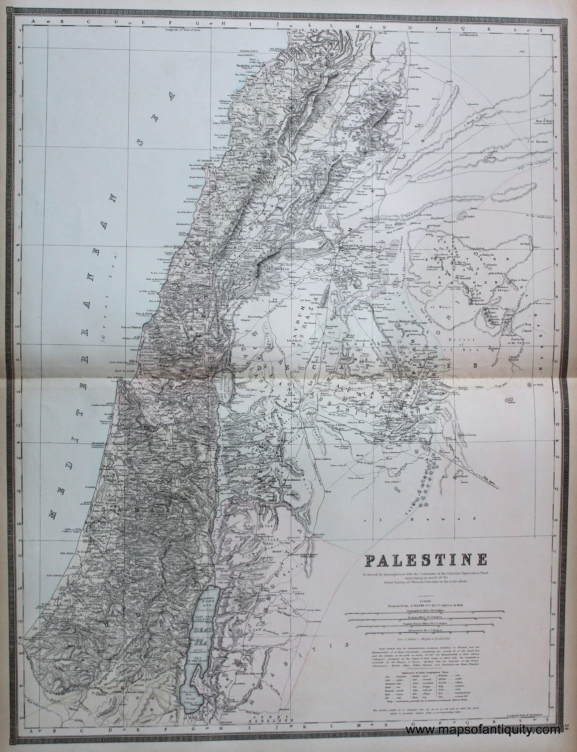 Antique-Hand-Colored-Map-Palestine--Reduced-by-arrangement-with-the-Committee-of-the-Palestine-Exploration-Fund-embodying-as-much-of-the-Great-Survey-of-Western-Palestine-as-the-scale-allows.-******-Middle-East-&-Holy-Land-Palestine-1887-Bradley-Maps-Of-Antiquity
