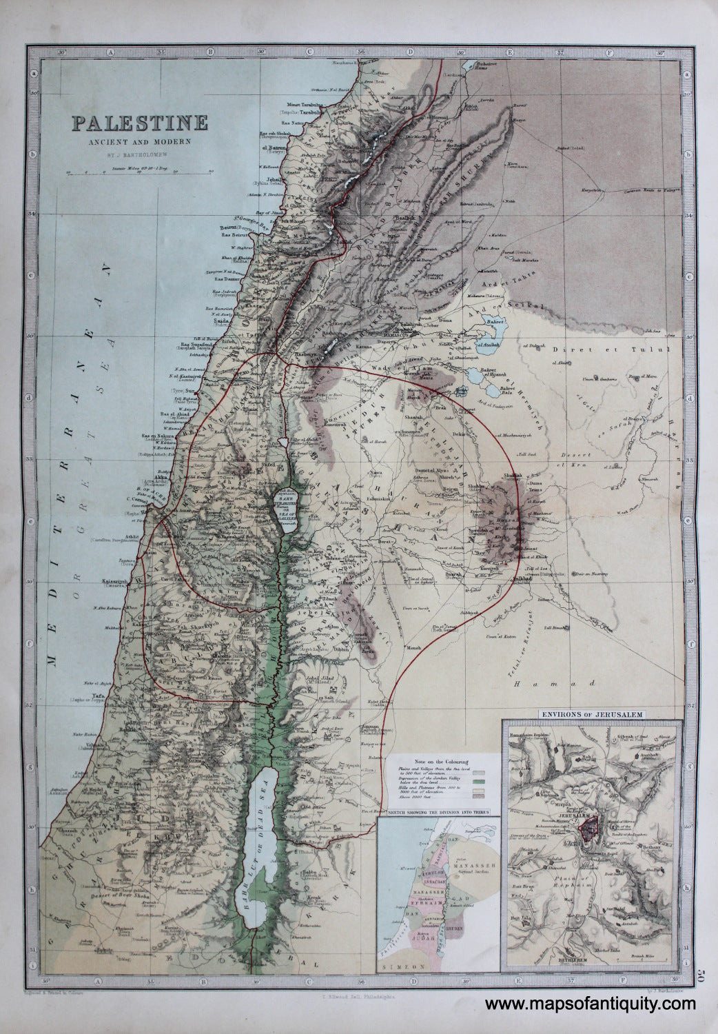 Antique-Printed-Color-Map-Palestine-Ancient-and-Modern-**********-Middle-East-&-Holy-Land--1873-J.-Bartholomew-Maps-Of-Antiquity