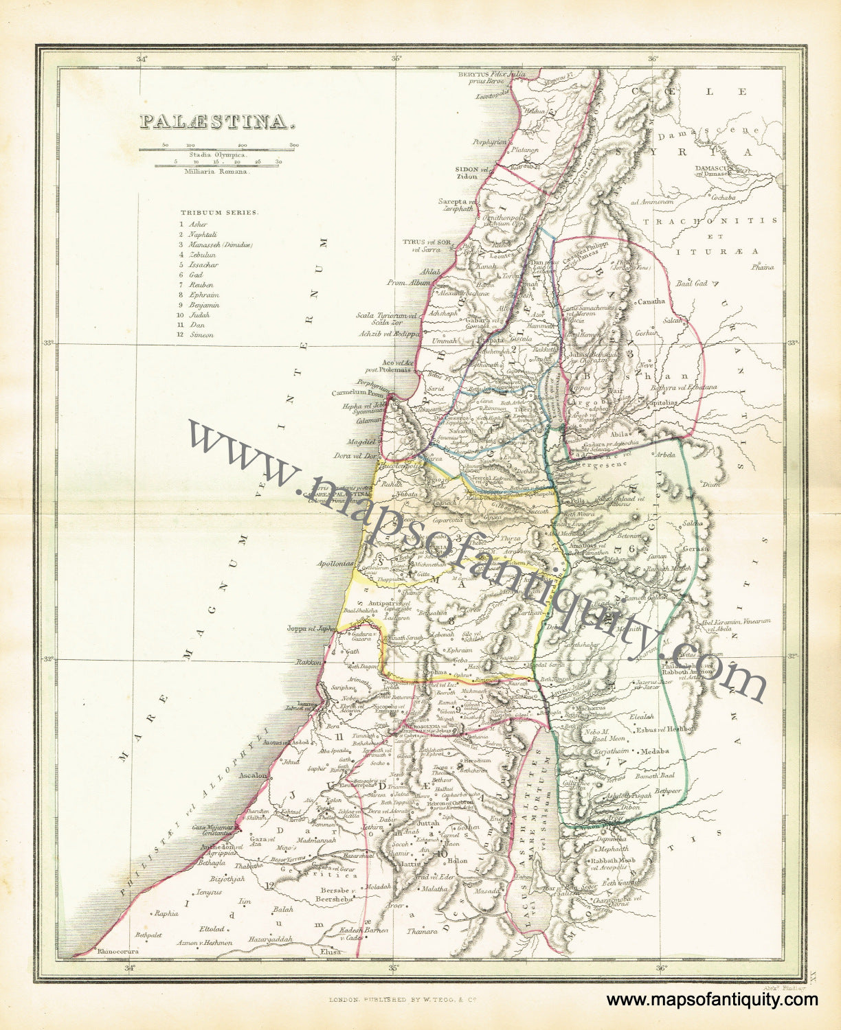 Antique-Hand-Colored-Map-Palaestina-******-Middle-East-&-Holy-Land--1854-Findlay-Maps-Of-Antiquity