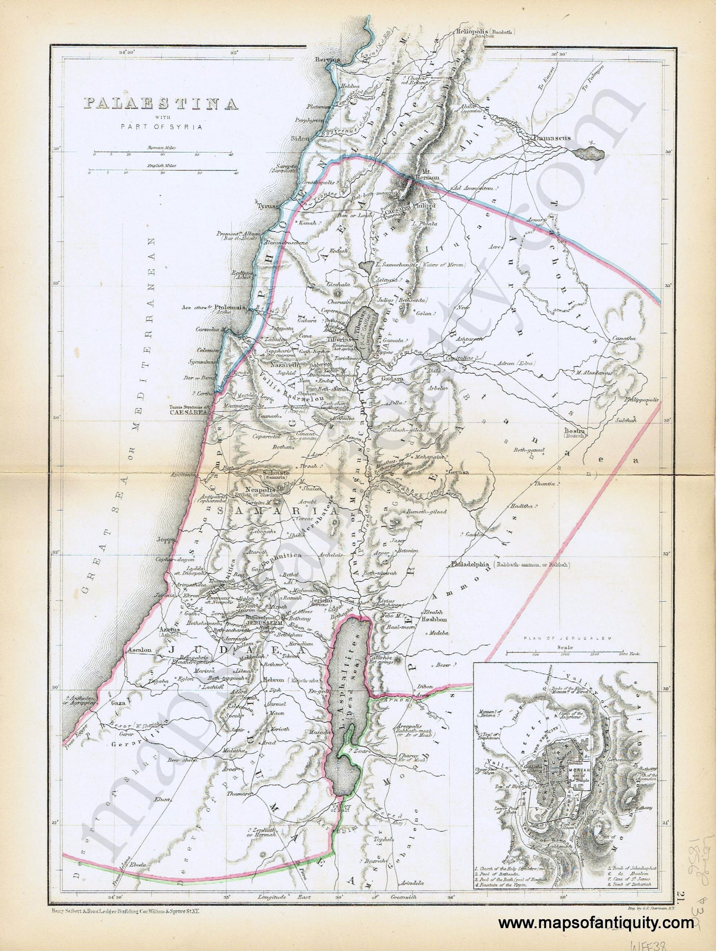 Antique-Hand-Colored-Map-Palestina-with-Part-of-Syria-Middle-East-&-Holy-Land--1856-Long-Maps-Of-Antiquity