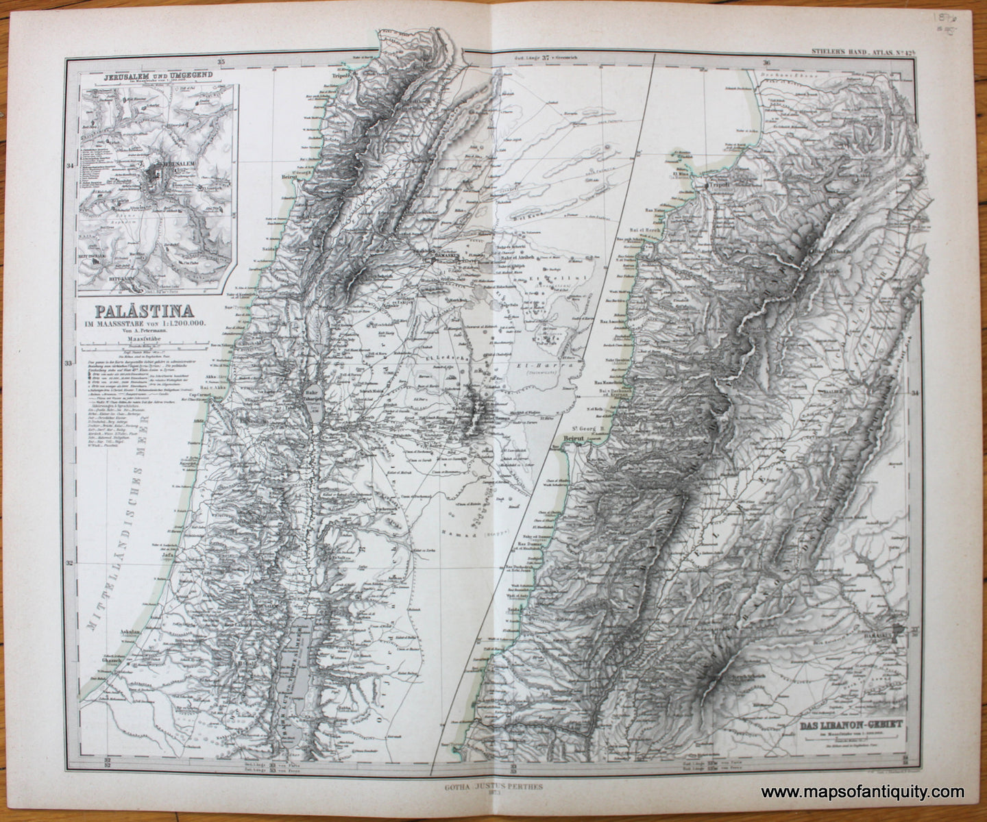 Antique-Map-Palastina-Libanon-Palestine-Lebanon-Stieler-1876-1870s-1800s-19th-century-Maps-of-Antiquity