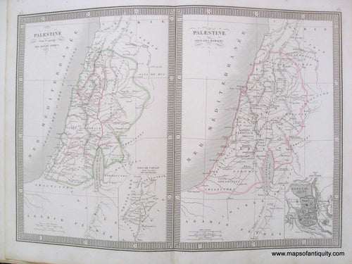 Antique-Hand-Colored-Map-Palestine-Selon-de-Partage-des-Douze-Tribes-(Palestine's-Twelve-Tribes)-and-Palestine-sous-les-Romains-(Palestine-under-the-Romans)-1846-Monin-Palestine-1800s-19th-century-Maps-of-Antiquity