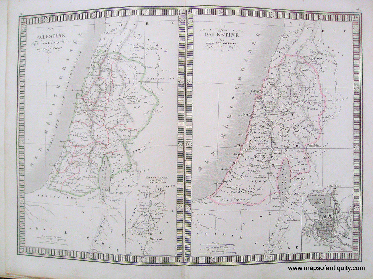 Antique-Hand-Colored-Map-Palestine-Selon-de-Partage-des-Douze-Tribes-(Palestine's-Twelve-Tribes)-and-Palestine-sous-les-Romains-(Palestine-under-the-Romans)-1846-Monin-Palestine-1800s-19th-century-Maps-of-Antiquity