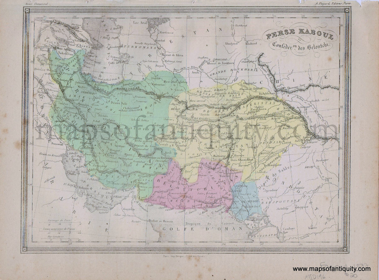 Antique-Printed-Color-Map-Middle-East-&-Holy-Land-Perse-Kaboul-et-Confeder.-Des-Beloutchi---Iran-Afghanistan-Pakistan-1877-Fayard--1800s-19th-century-Maps-of-Antiquity