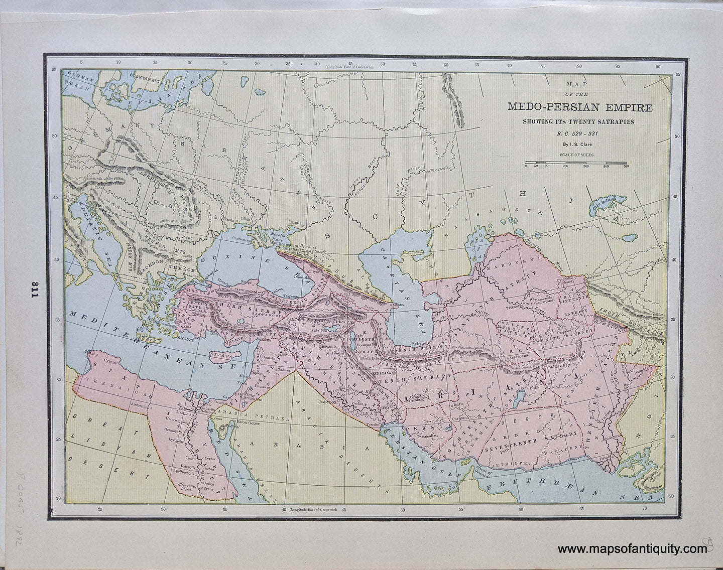 Genuine-Antique-Printed-Color-Comparative-Chart-Medo-Persian-Empire-showing-its-Twenty-Satrapies-B.C.-529-331;-verso:-Map-of-Ancient-Italy-Proper-B.C.-800-266-Map-of-Ancient-Egypt-B.C.-3000-A.D.-640-Middle-East-&-Holy-Land--1892-Home-Library-&-Supply-Association-Maps-Of-Antiquity-1800s-19th-century