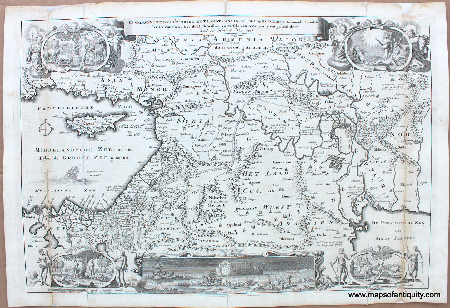 1744 - Middle East & Holy Land - De Gelegentheyt Van't Paradys En't Landt Canaan. Mitsgaders D'eerst bewoonde Landen der Patriachen uyt de H. Schristure... (Paradise) - Antique Map