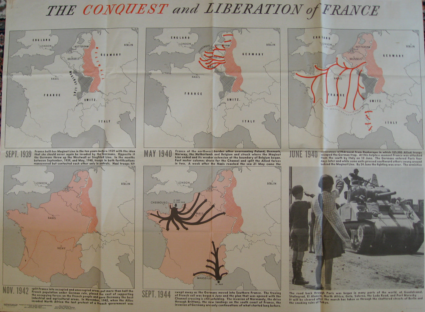 Antique-Military-Lithographed-Map-Conquest-and-Liberation-of-France/-WWII-Newsmap-****-Military-World-War-II-1944-U.S.-Government-Maps-Of-Antiquity