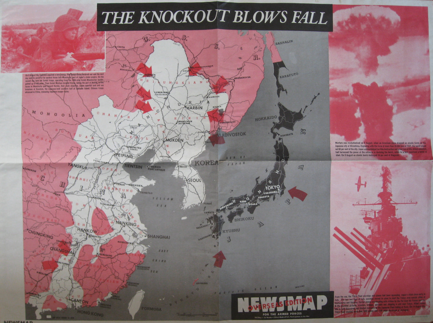 Antique-Military-Lithographed-Map-Knockout-Blows-Fall-Newsmap-**********-Military-World-War-II-1945-U.S.-Government-Maps-Of-Antiquity