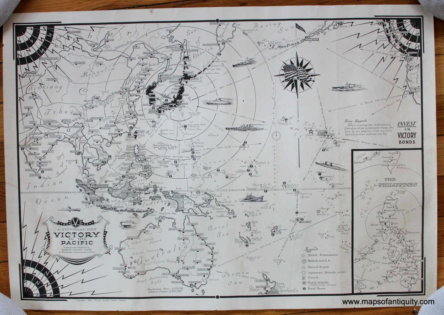Antique-Uncolored-Pictorial-Map-A-Pictorial-Map-Victory-in-the-Pacific-**********-Military-World-War-II-1944-Ernest-Dudley-Chase-Maps-Of-Antiquity