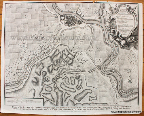 Antique-Black-and-White-Map-Plan-of-the-Battle-of-Saragossa-fought-Aug.-9-1710-between-the-troops-of-the-Allies-under-Lieut.-Gen.-Stanhope-and-the-Marshal-Count-Staremberg-and-the-French-under-the-D.-of-Anjou:-the-Emperor-Charles-and-the-D-of-Anjou-(King-Philip)-being-both-Present.-1745-Basire-Tindal-Rapin-1700s-18th-century-Maps-of-Antiquity