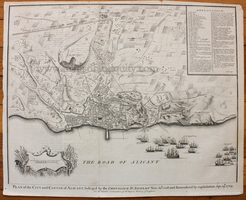 Antique-Black-and-White-Map-Plan-of-the-City-and-Castle-of-Alicant-besieged-by-the-Chevalier-D'-Asfeldt-Nov.-30th-1708-and-surrendered-by-capitulation-Apr.-19th-1709.-1745-Basire-Tindal-Rapin-1700s-18th-century-Maps-of-Antiquity